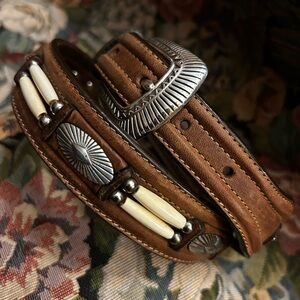 JUSTIN Brown Leather Belt with Silver Accents
